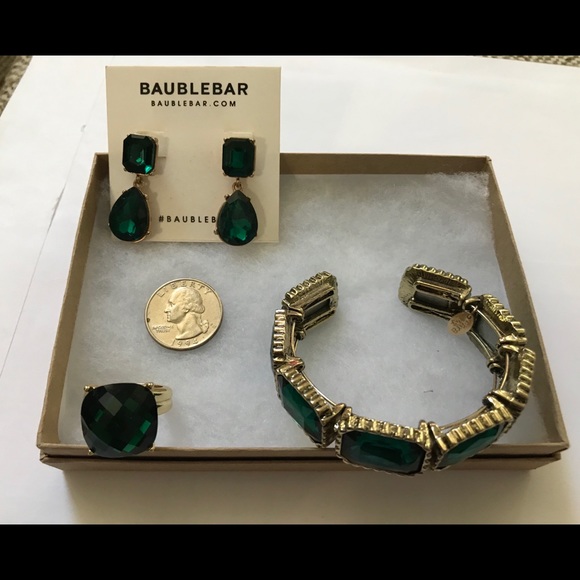 BaubleBar Jewelry Emerald Green Crystal Bracelet Earrings Ring